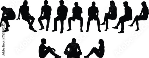 Silhouettes of diverse, relaxed people sitting on a high surface or the ground, men and women in various casual, thoughtful,