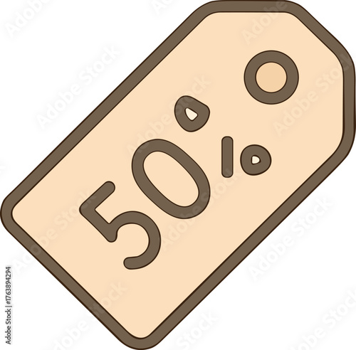 A simple beige discount tag icon displaying "50%" in a bold brown outline, symbolizing a sale or special offer.