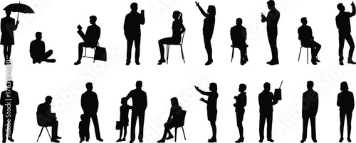 Silhouettes of diverse, everyday people in various active and resting poses, sitting, standing, and interacting, for architectural and urban design visualizations, isolated white background vector,