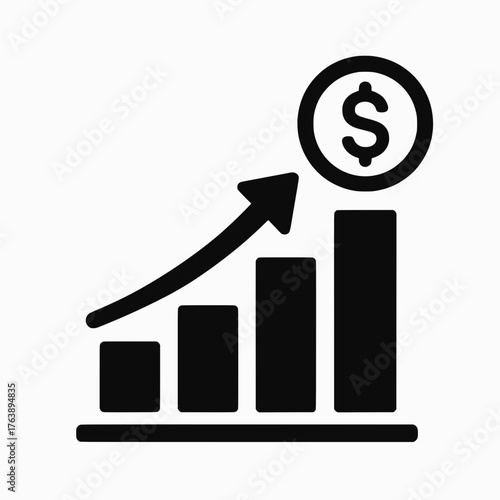 Financial Growth Icon: An upward trending bar graph, symbolizing financial success, is elegantly illustrated, accompanied by a dollar sign, representing value and monetary progress.