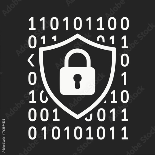Digital Fortress: A symbolic representation of data protection and cybersecurity, featuring a shield icon adorned with a lock, safeguarding against the binary code.