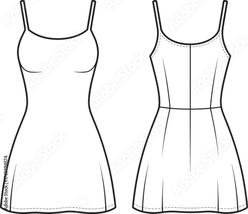 Women's Mini Slip Dress CAD Drawing Flat Sketch Vector Illustration Fashion Technical Template Mockup Style, Spaghetti Strap Camisole, Front and Back View