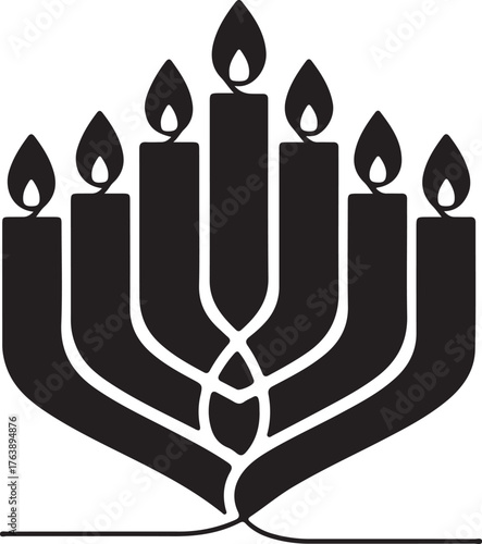 Black silhouette of a menorah with lit candles isolated on white background, decorative swirls and glowing candles