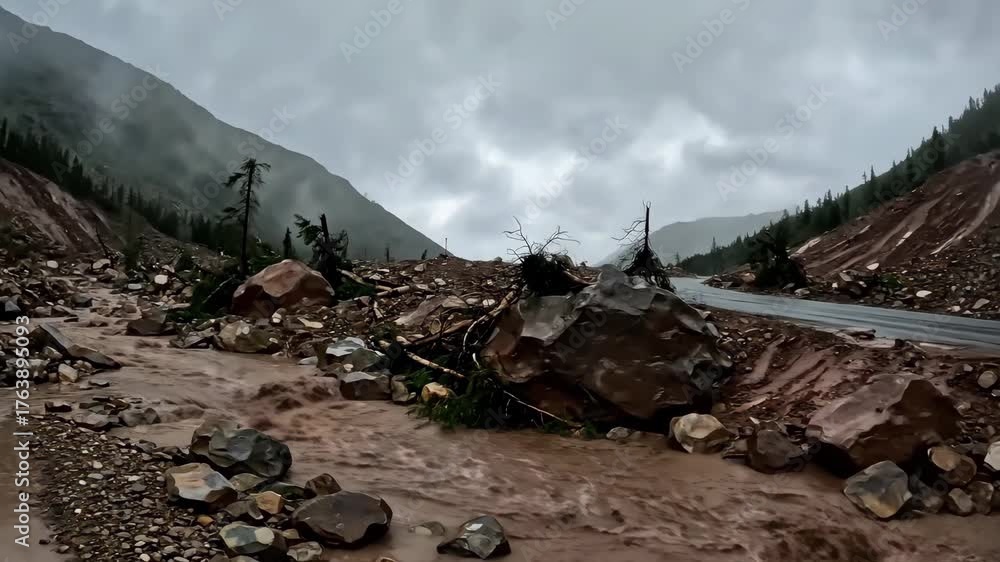Mountain Road Blocked by Landslide Debris - A roadway in a mountainous ...
