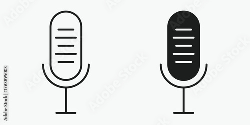 Voice assistant mic icon in outline and solid style on gray background. Minimal digital microphone vector design for technology and smart device concepts.