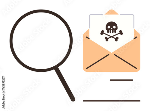 Magnifying glass highlighting malicious letter in an open envelope marked with a skull and crossbones. Ideal for cyber security, fraud detection, email threats, phishing, investigation, data safety