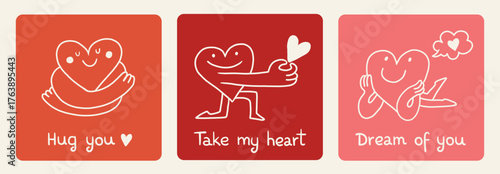 Cute cartoon heart shaped characters clipart. Hand drawn Valentine's day cards. Hug, kiss, love, dreaming, propose. Hearts with faces in funny line style.