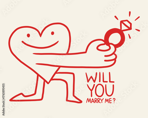 Cute cartoon heart shaped character with ring. Hand drawn playful doodle heart shaped mascot character. Will you warry me lettering text. Greeting card, proposal, engagement. Love, marriage