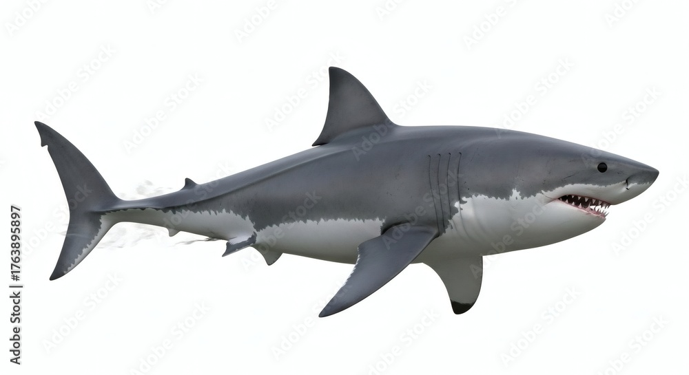 Obraz premium Majestic Great White Shark, Powerful Predator of the Ocean, Isolated on White Background, isolated on white background