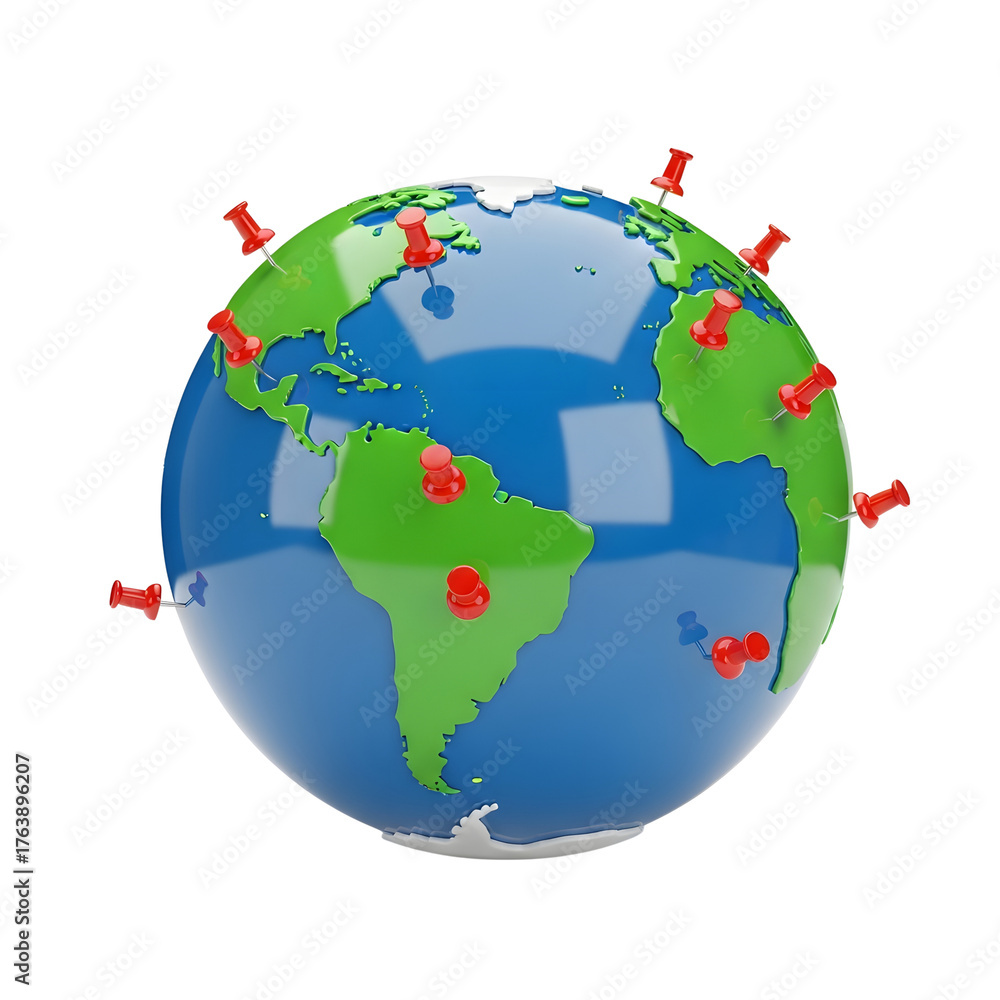 Fototapeta premium A globe with red pushpins marking various locations across continents.