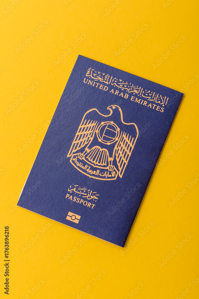 Naklejka premium OAE passport for travelling, flying and doing business. Arabic document, id