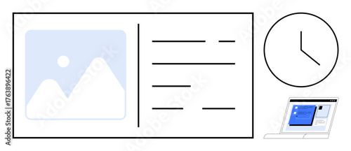 Image placeholder, text lines, and a clock symbolize time management. Small laptop screen suggests digital tools. Ideal for productivity, scheduling, workflow, organization, planning deadlines