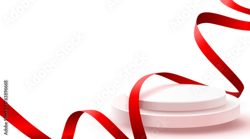 Minimalist Podium with Red Ribbon for Product Display.