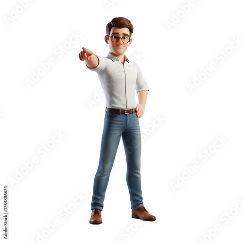 3D animated man in casual attire pointing forward with confident expression.