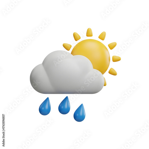Weather Icon: Sun Behind Cloud with Raindrops - 3D Render.