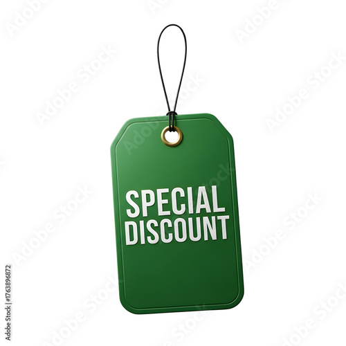Green special discount tag with black string for sale promotion.