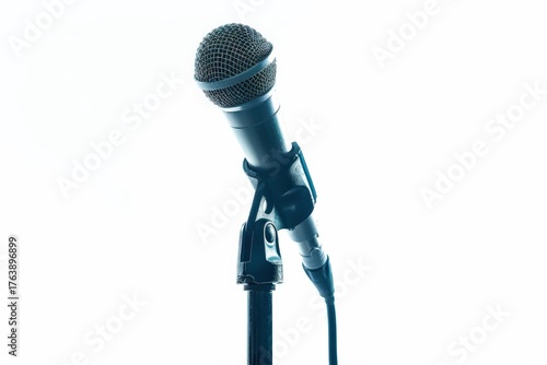 Microphone ready for Performance: A close-up shot of a microphone positioned on a stand, isolated, waiting for a performance. The microphone's design and stand's are simple.