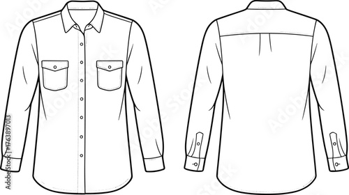 Vector line drawing of men's long sleeve shirt, front and back view, technical fashion flat sketch, apparel template for clothing design, illustration