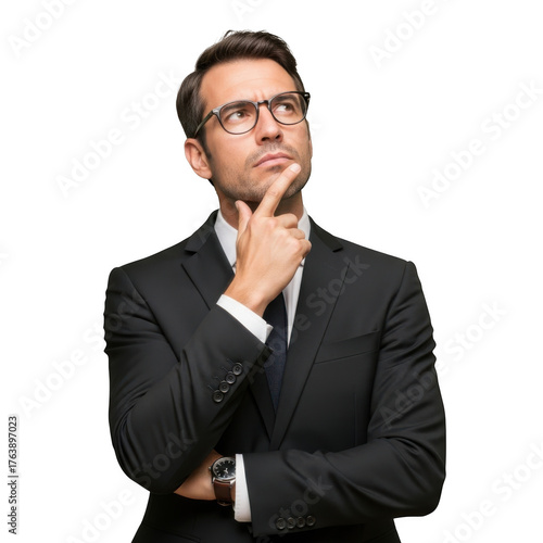Thoughtful businessman wearing glasses and a suit with hand on chin contemplating a complex decision isolated on transparent background