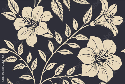 An elegant floral pattern featuring large beige flowers with detailed petals and stamens, set against a dark background. Slender branches and elongated leaves create a flowing.