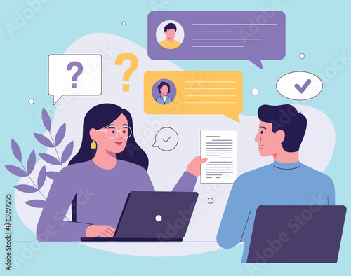 Vector art of job interview with candidate and recruiter for human resources management concept