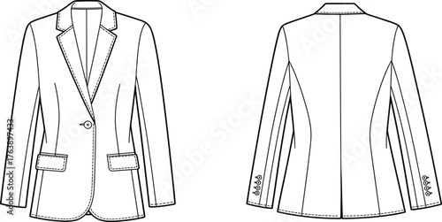 Tailored blazer sketch, women’s fashion illustration, front and back view, notched lapel, single button, flap pocket, sleeve detail, cad vector drawing