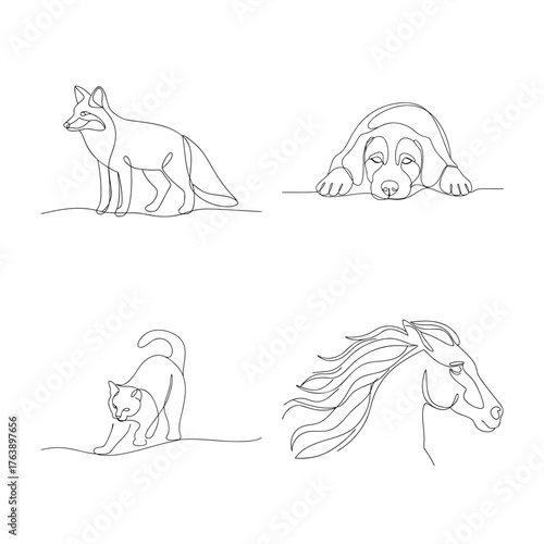 Collection of animal line art featuring a fox dog cat and horse illustrations