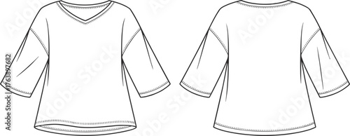 Women’s top sketch, fashion illustration, V-neckline design, three-quarter sleeves, loose fit, curved hem, seam detailing, garment cad drawing, vector clothing design
