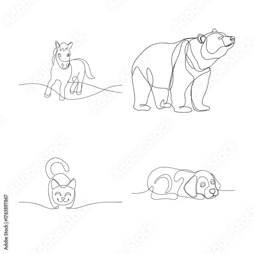 Photos Continuous line drawing of different animals a horse bear cat and dog illustrati