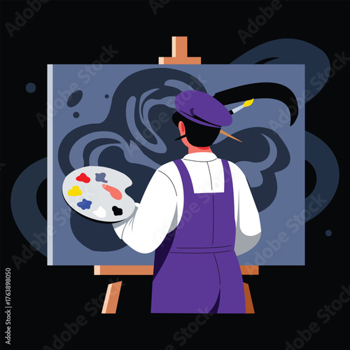 Creative design vector art of artist painting on canvas with palette and brush, creative process and artistic expression