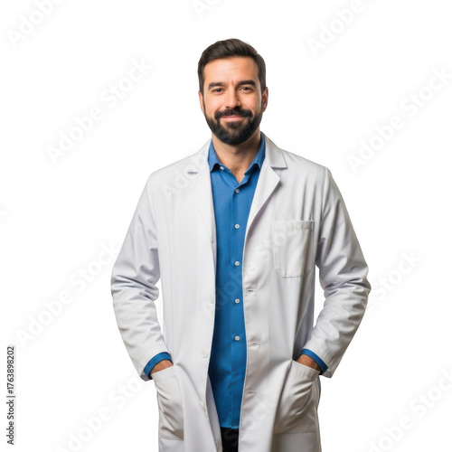 Smiling male scientist wearing a white lab coat and blue shirt with hands in pockets isolated on transparent background