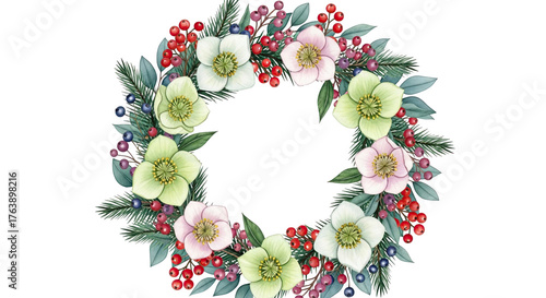 Beautiful watercolor christmas wreath with hellebore flowers and red berries isolated on transparent background