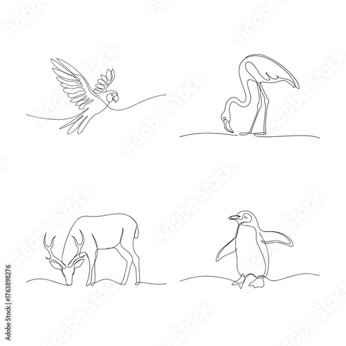 Single Line Drawing Collection of Animals Deer Flamingo Parrot Penguin on White Background