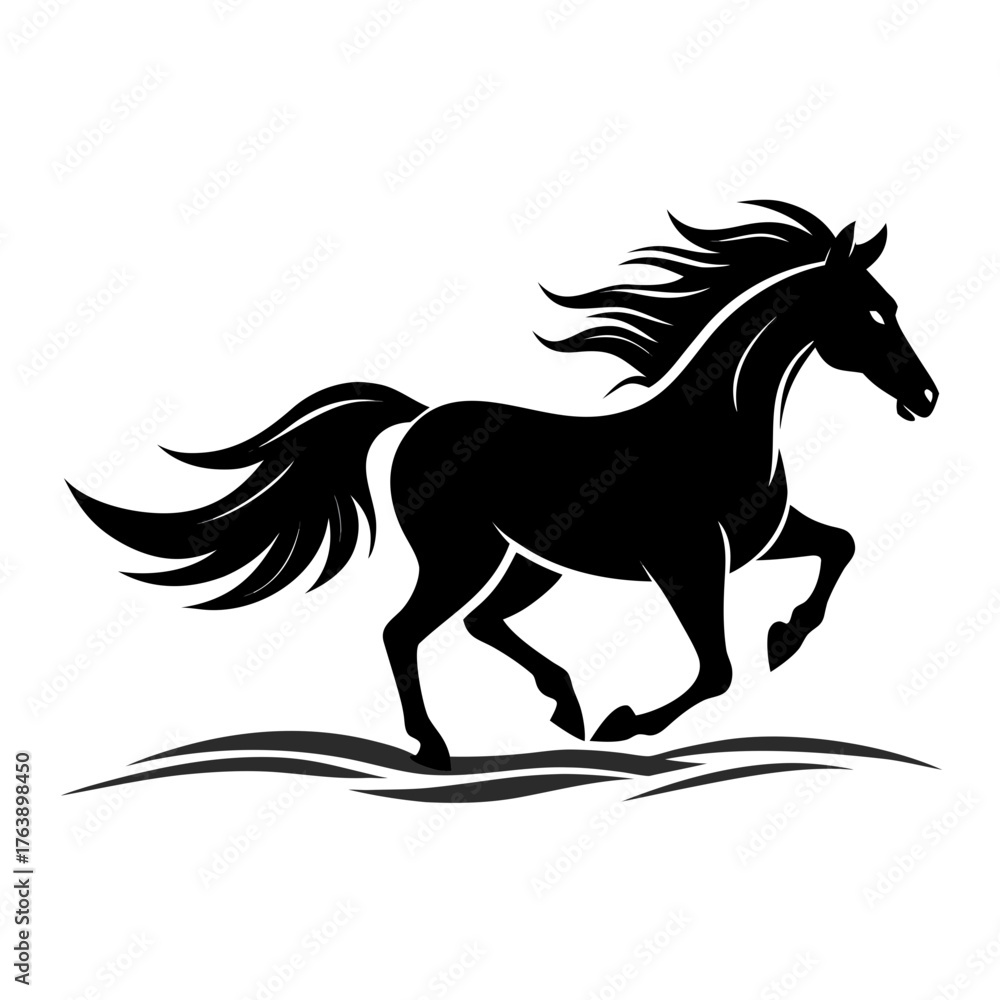 Obraz premium Dynamic black silhouette of a galloping horse with flowing mane and tail