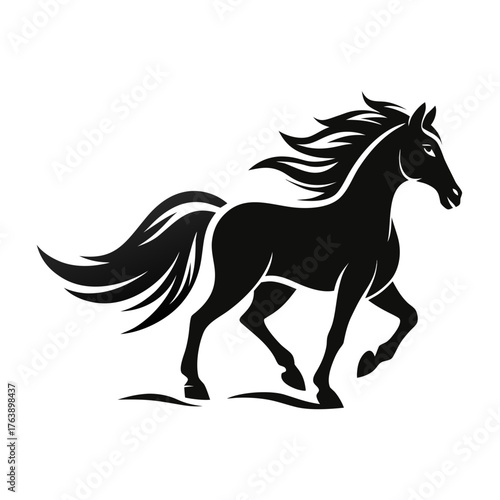 Dynamic silhouette of a black horse galloping with flowing mane and tail