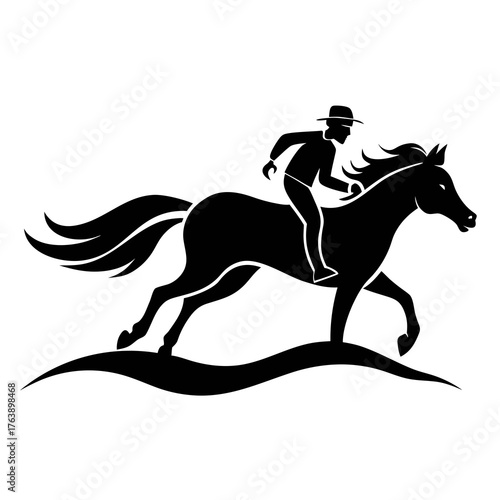 Silhouette of a jockey riding a horse at full gallop across a stylized landscape