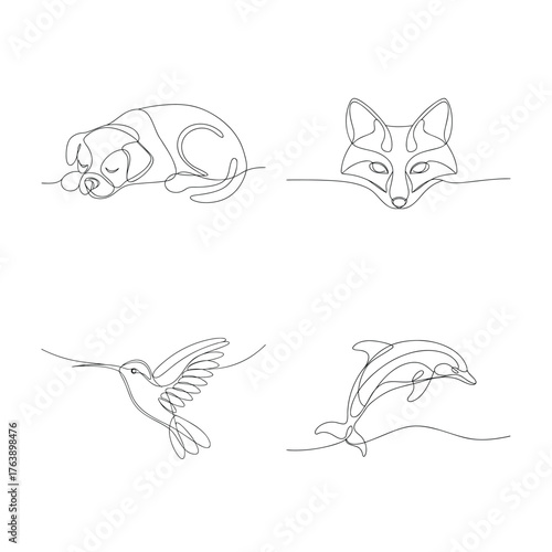 One line drawing collection of animals dog fox hummingbird dolphin simple design