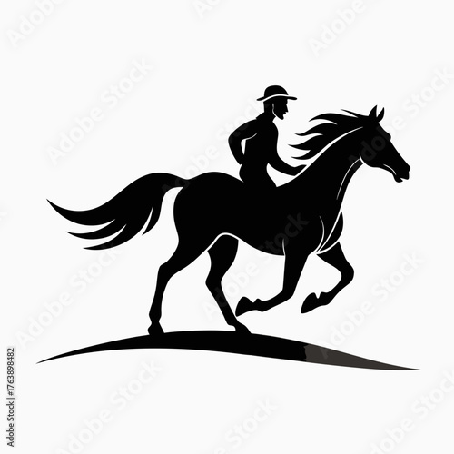 Silhouette of a jockey riding a galloping horse with a flowing mane and tail