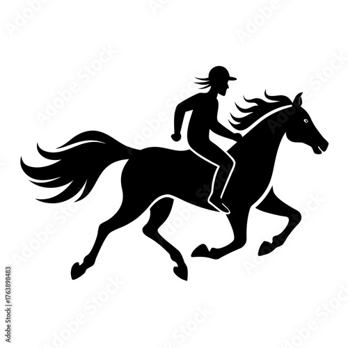 Silhouette of a jockey riding a horse at full gallop with windblown mane and tail