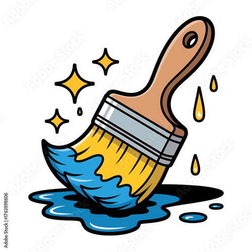 Cartoon paint brush illustration dripping blue paint with shimmering effects perfect for creative projects and design elements