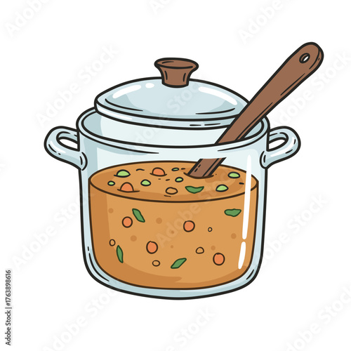 Glass pot with soup and wooden spoon stirring ingredients  
