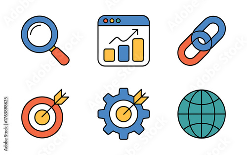 A Collection of Digital Marketing and Business Strategy Icons for Online Growth and Global Reach