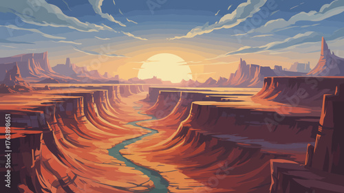 Serene Canyon Landscape Painting with River and Rising Sun Breathtaking Vista Illustration Art