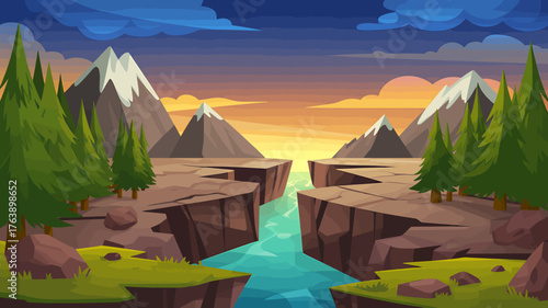 Cartoon Landscape of Mountains Cliffs and River at Sunset Ideal for Nature and Adventure Illustrations