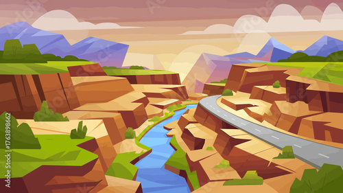 Cartoon landscape of canyon with road river and mountains against a warm sky nature illustration background scenic view travel concept