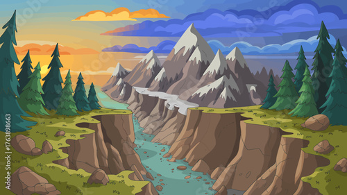 Cartoon landscape with mountain range river canyon and pine forest under a dramatic sky at sunset showing nature beauty and fantasy world