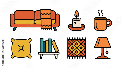 Cozy Home Interior Elements Illustration with Sofa Candle and Hot Drink in Vector Style