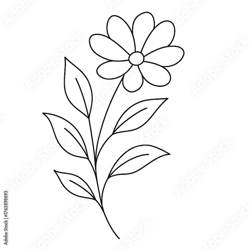 Simple outline drawing of a daisy flower with stem and leaves ideal for coloring and creative projects