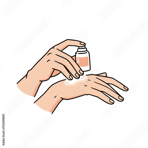 Hands applying lotion from a bottle on a white background  