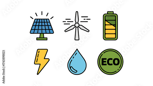 Clean Energy Icons Representing Renewable Sources and Sustainability for a Greener Future and Environmental Preservation